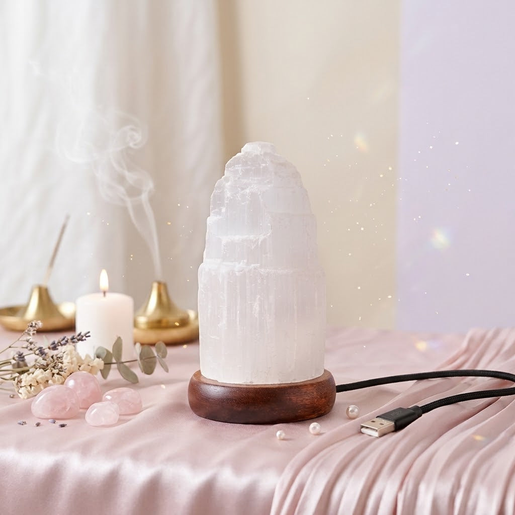 Lámpara de Selenita Natural con LED Multicolor y USB