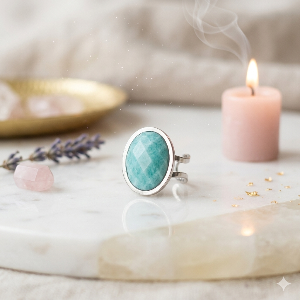 Anillo Ajustable de Amazonita en Acero Inoxidable Plateado