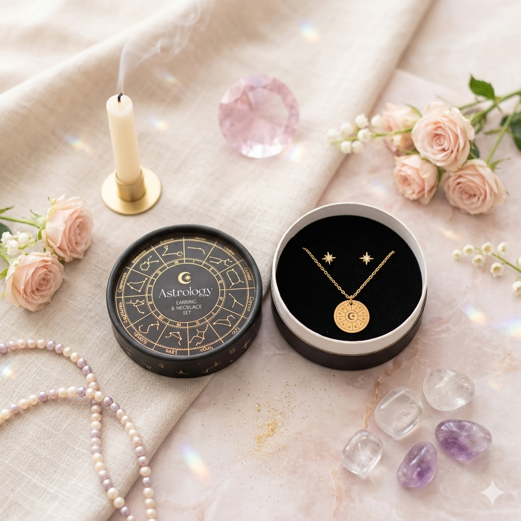 Conjunto de pendientes y collar con rueda de astrología