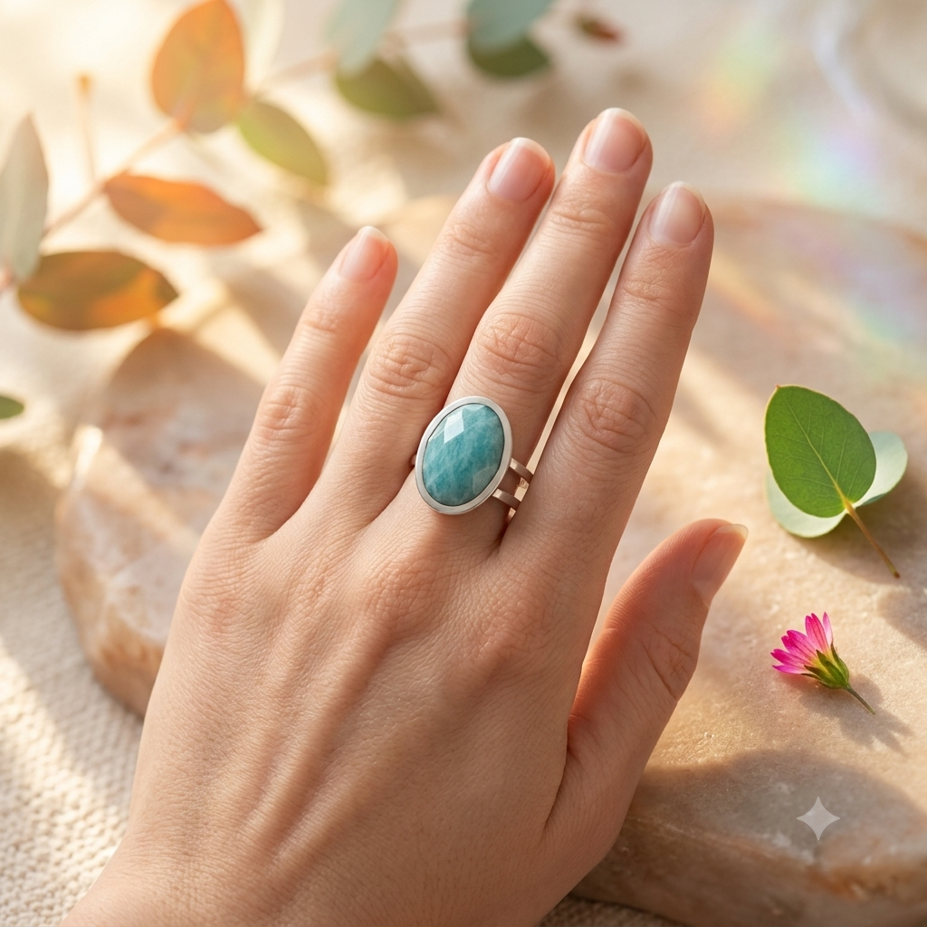 Anillo Ajustable de Amazonita en Acero Inoxidable Plateado