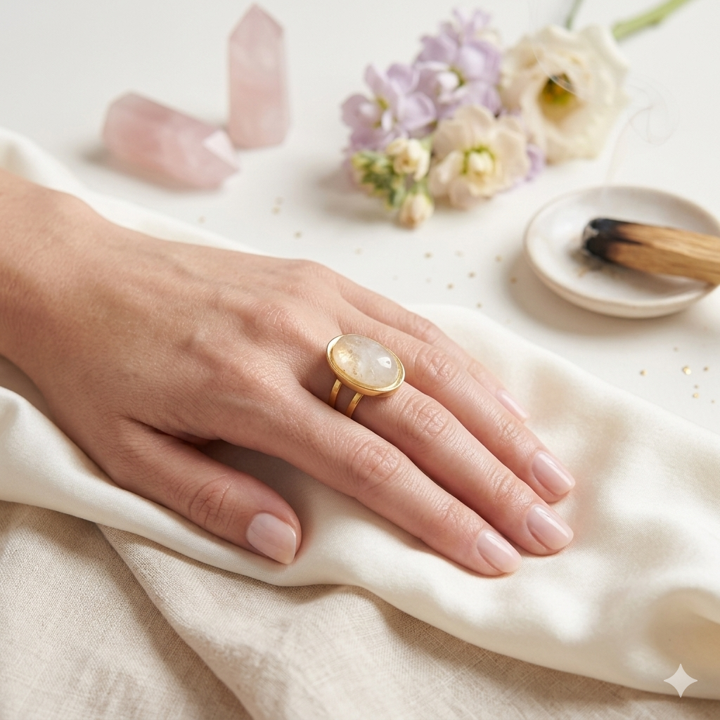 Anillo Ajustable de Cuarzo Blanco en Acero Inoxidable Dorado