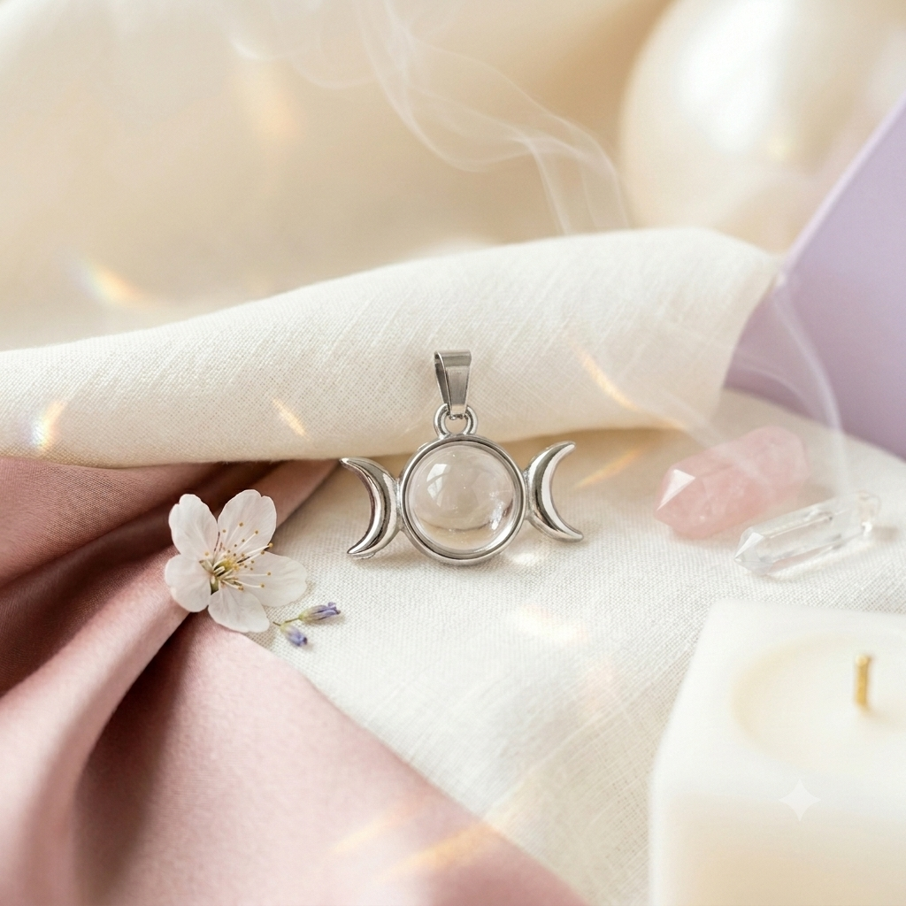 Colgante Triple Luna con Cuarzo Rosa (Sin Cadena)