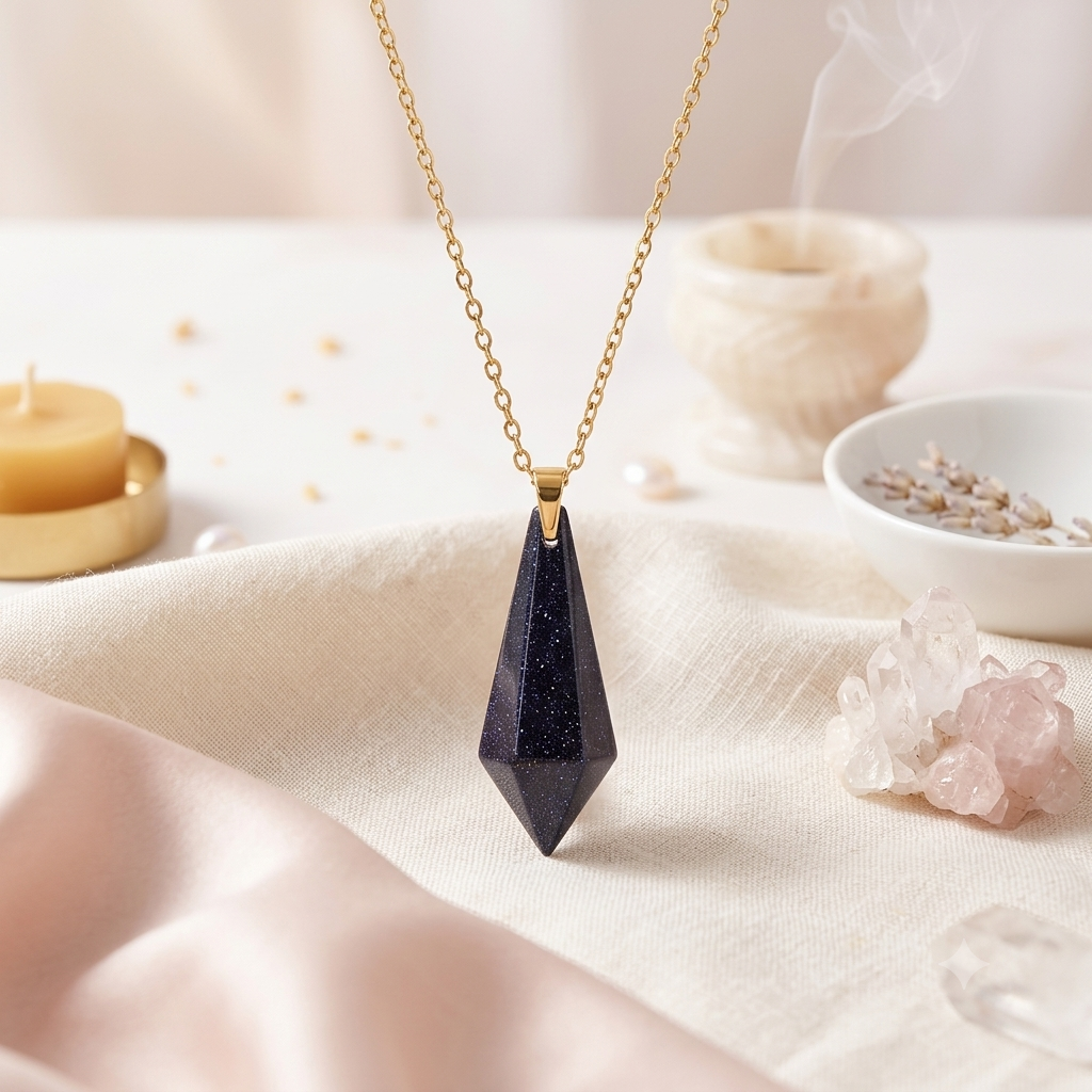 Collar Péndulo de Venturina Azul y Acero Dorado