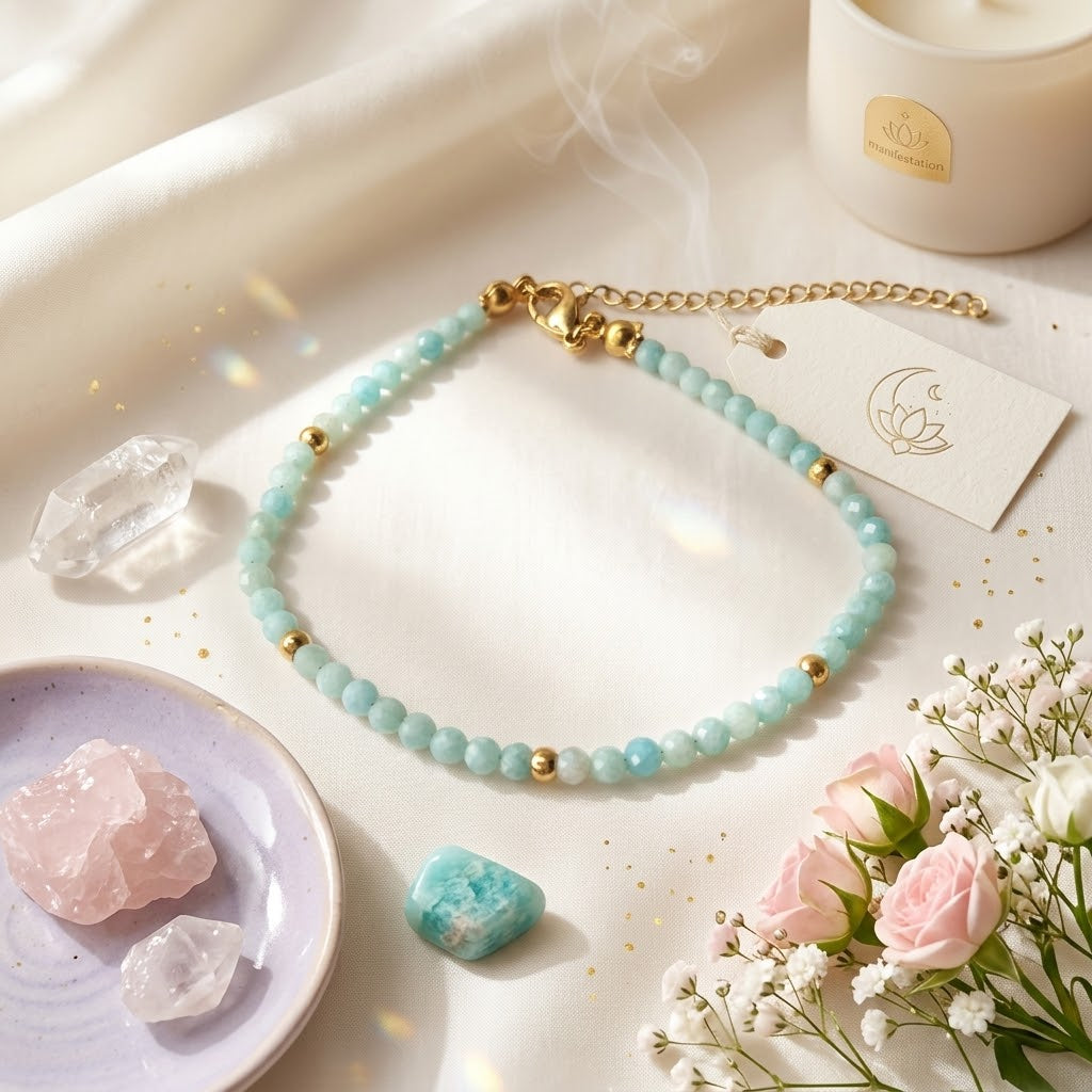 Pulsera de Amazonita y Acero Inoxidable Dorado